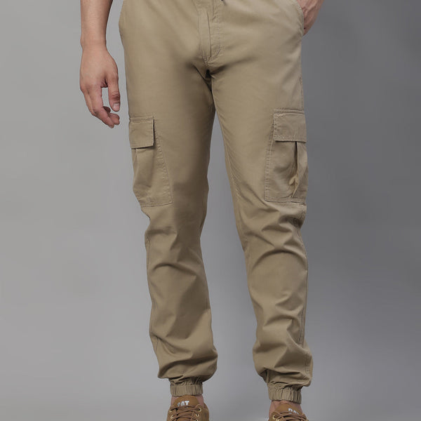 Jainish Men's Casual Cotton Solid Cargo Pants - Beige - Distacart