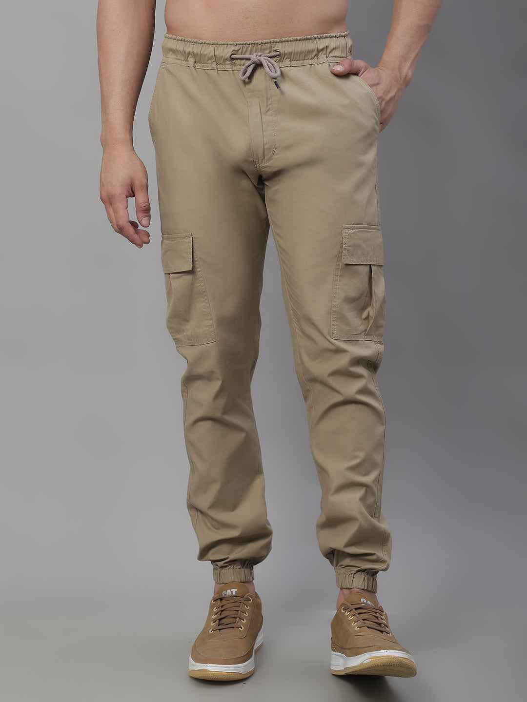 Jainish Men's Casual Cotton Solid Cargo Pants - Beige - Distacart