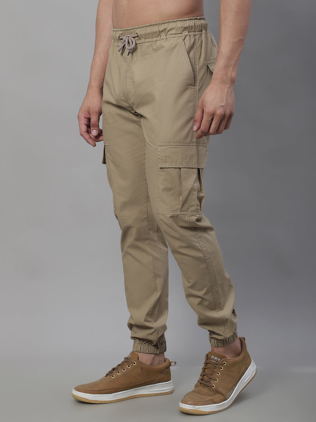 Jainish Men's Casual Cotton Solid Cargo Pants - Beige - Distacart