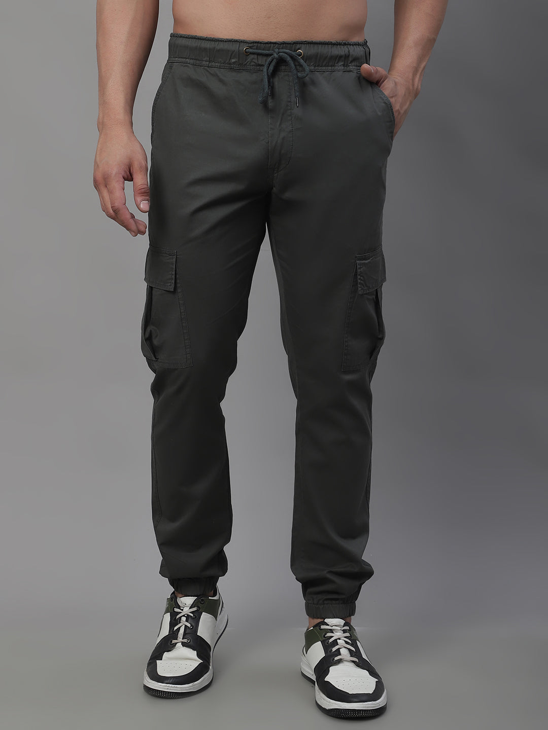 Jainish Men's Casual Cotton Solid Cargo Pants - Grey - Distacart