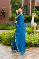 Thumbnail for Vastranavya Firozi Embroidery Work Shimmer Chiffon Saree with Unstitched Blouse