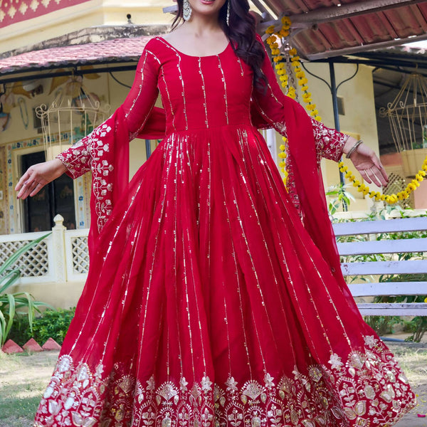 Teeya Creation Womens Casual Party Wear Heavy 5Mm Sequence Embroidery Work Gown Set - Dista