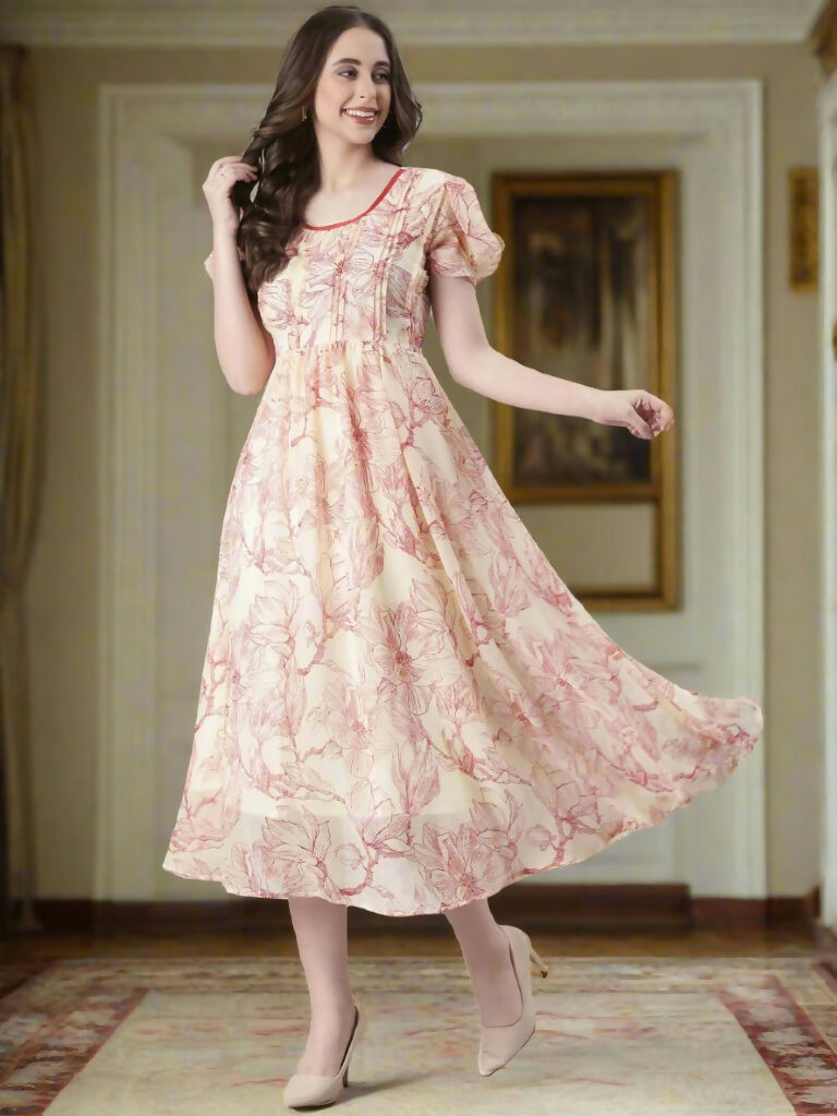 Souchii Cream & Red Floral Printed Fit & Flare Dress