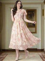 Thumbnail for Souchii Cream & Red Floral Printed Fit & Flare Dress