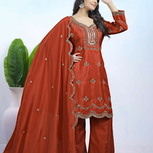 Teeya Creation Dark Orange Color Natural Crepe Silk Wedding Wear Trending Salwar Suit - Distacart