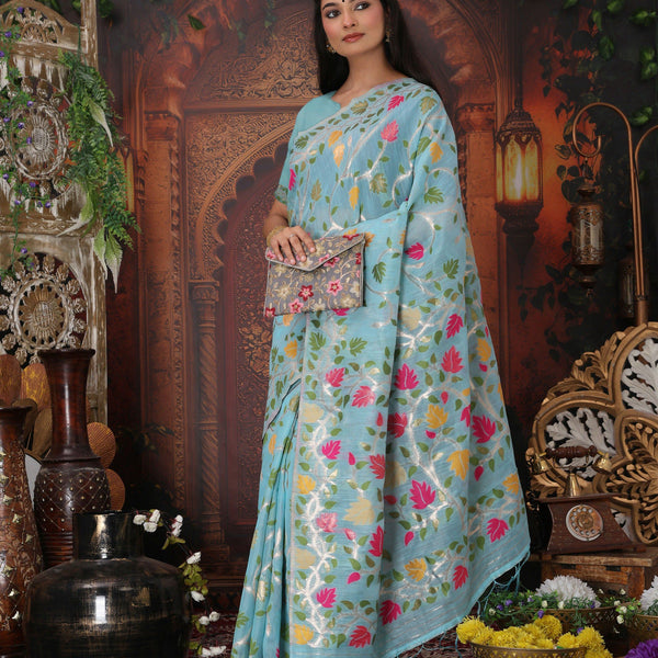 Astita Linen Cotton Sky Blue Saree