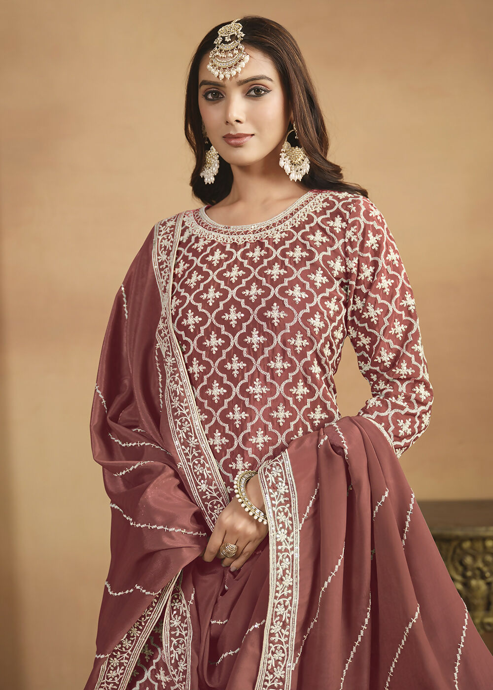 Chinnon Peach Multicolor Embroidered Lehenga Style Suit - Emponline - Distacart