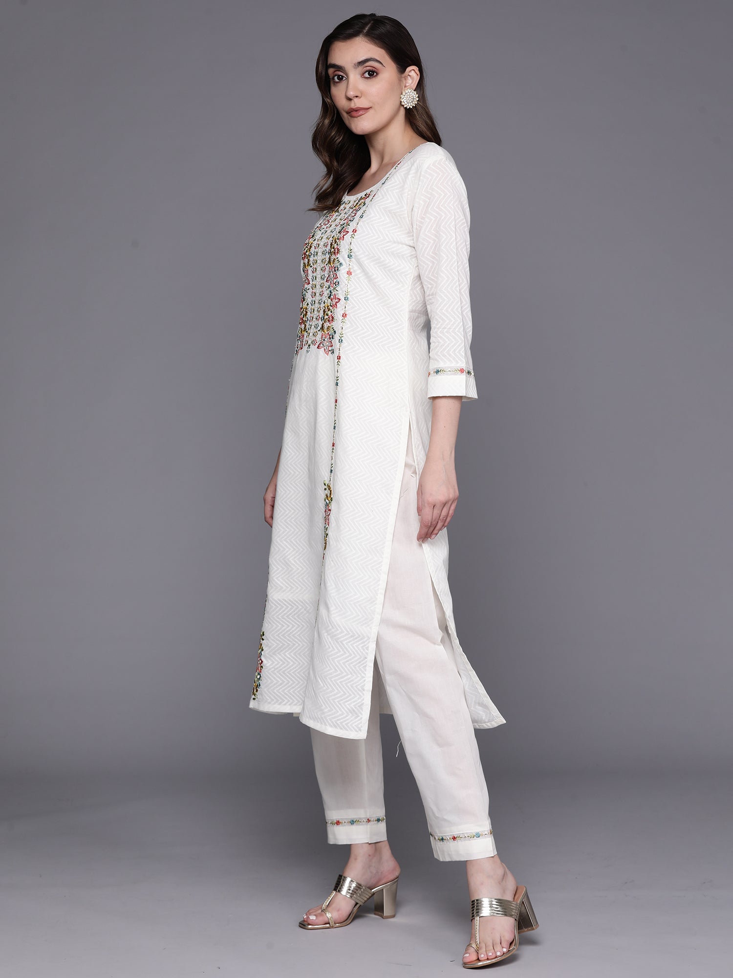 Indo Era White Embroidered Straight Kurta Trousers With Dupatta Set - Distacart