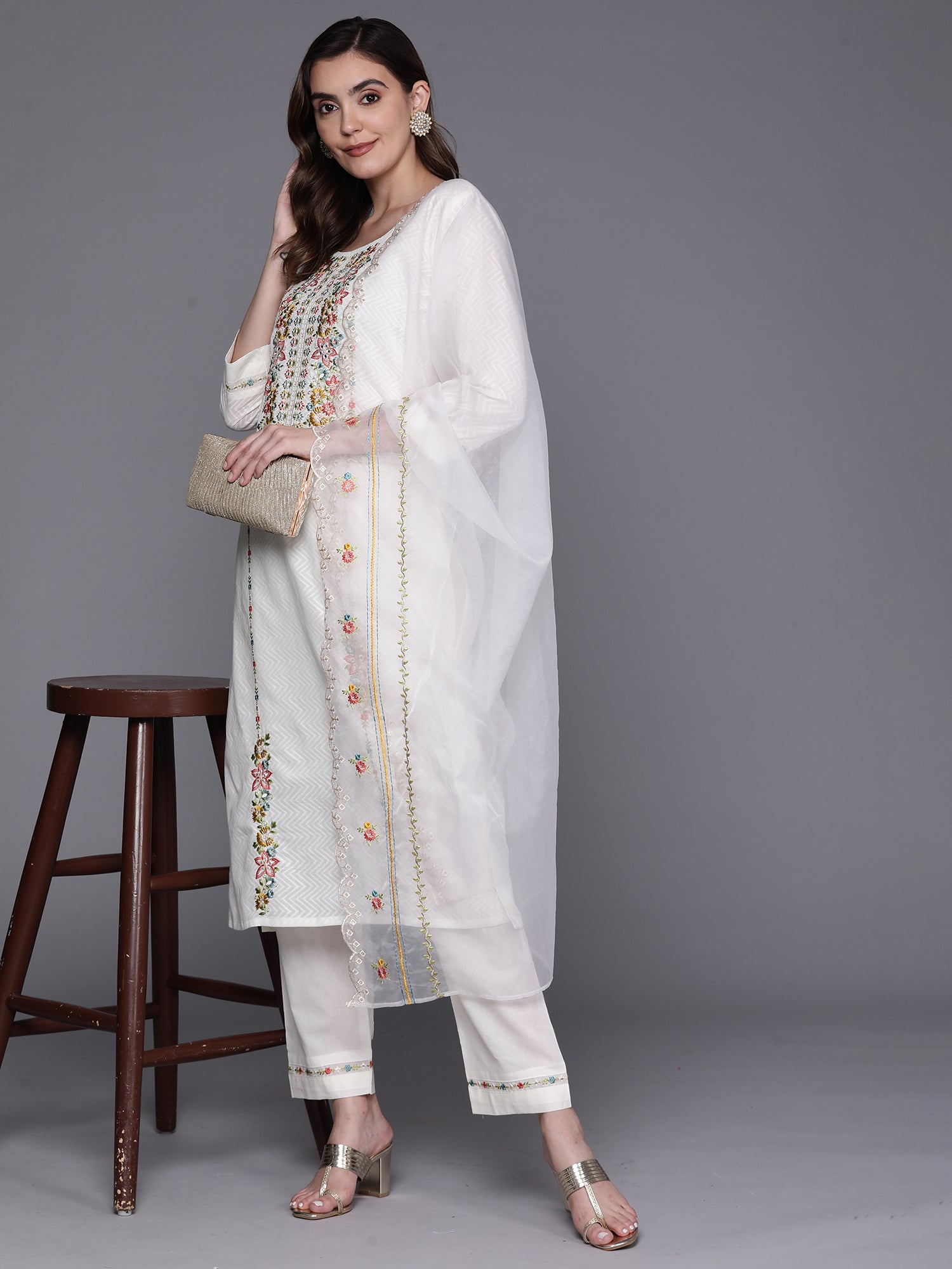 Indo Era White Embroidered Straight Kurta Trousers With Dupatta Set - Distacart