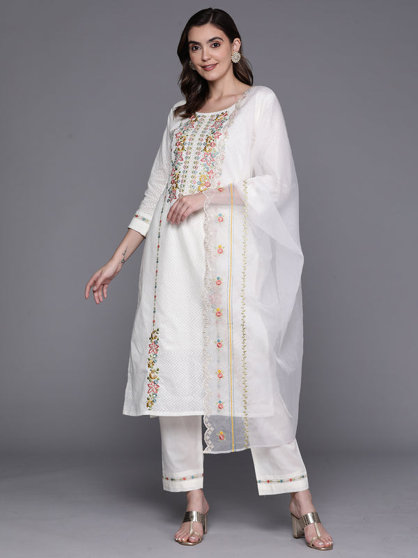 Indo Era White Embroidered Straight Kurta Trousers With Dupatta Set - Distacart