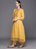 Thumbnail for Indo Era Yellow Embroidered A-Line Kurta Trousers With Dupatta Set - Distacart