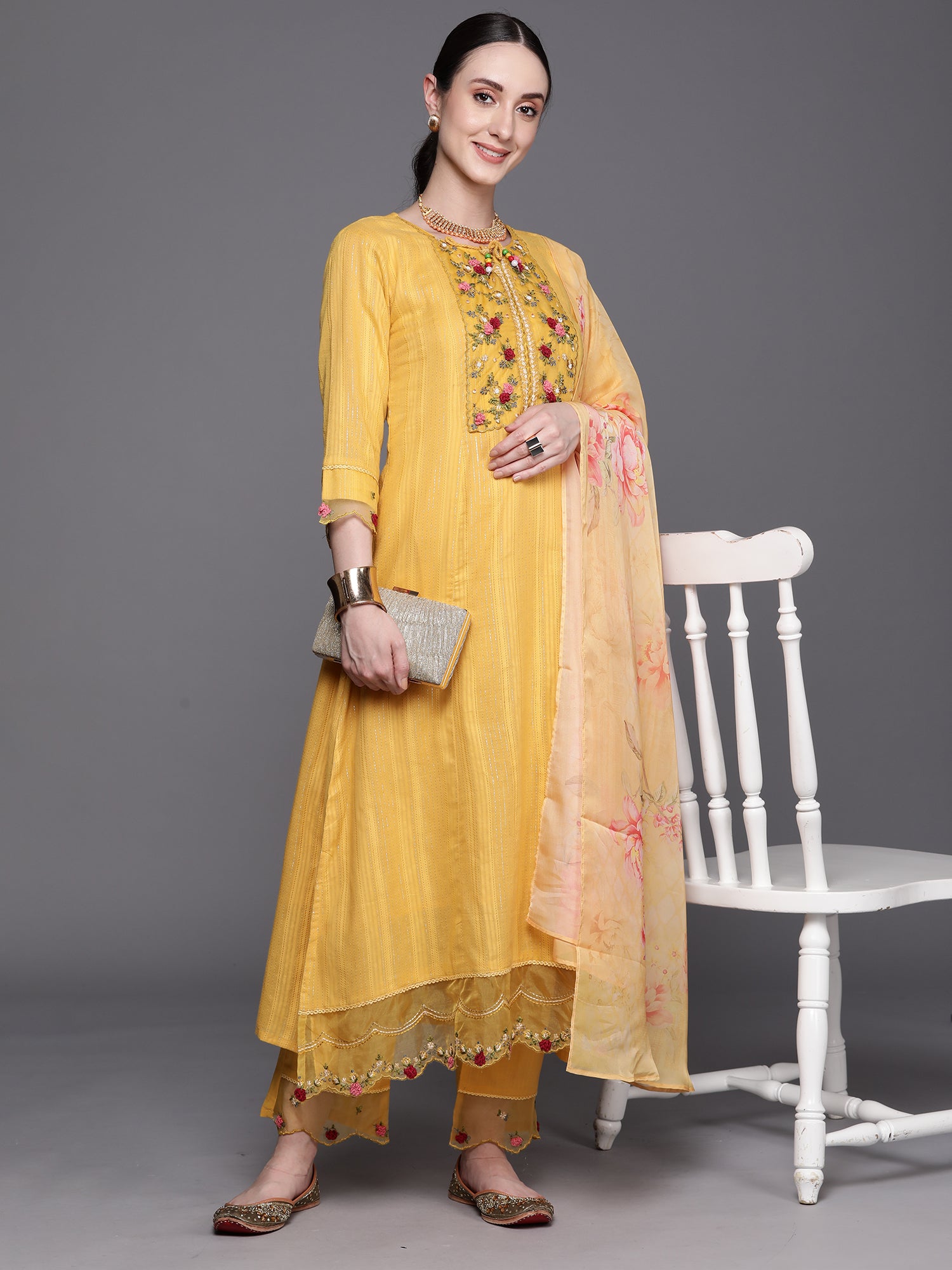 Indo Era Yellow Embroidered A-Line Kurta Trousers With Dupatta Set - Distacart