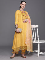 Thumbnail for Indo Era Yellow Embroidered A-Line Kurta Trousers With Dupatta Set - Distacart
