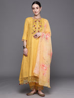 Thumbnail for Indo Era Yellow Embroidered A-Line Kurta Trousers With Dupatta Set - Distacart