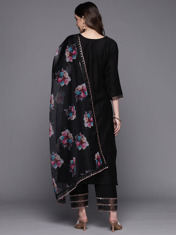 Indo Era Black Embroidered Straight Kurta Trousers With Dupatta Set - Distacart