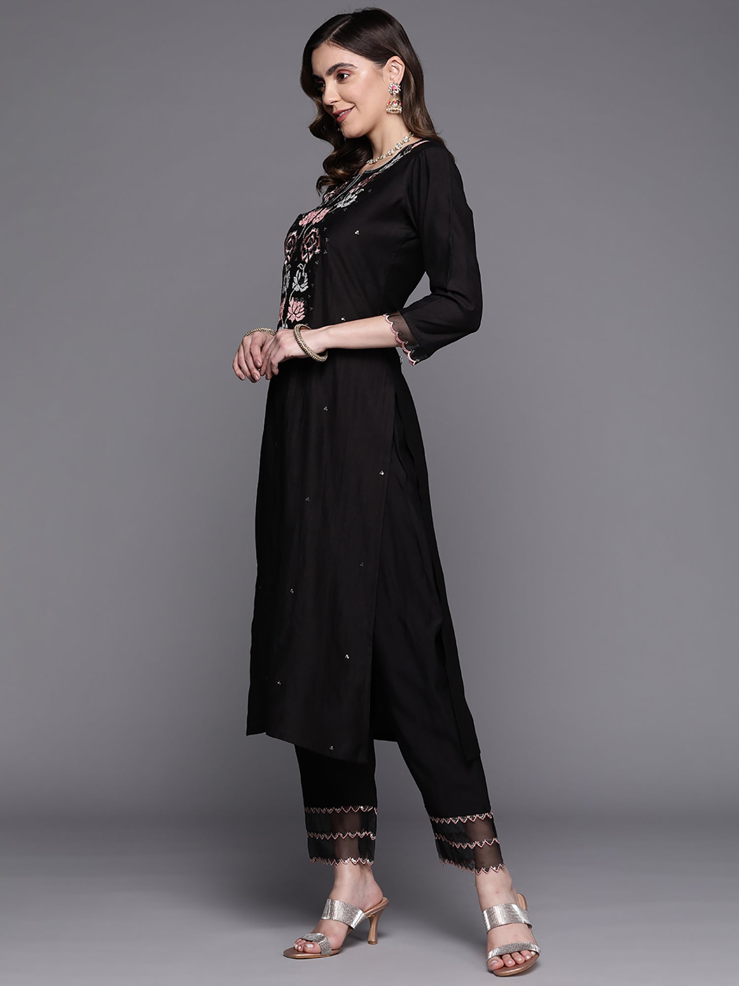 Indo Era Black Embroidered Straight Kurta Trousers With Dupatta Set - Distacart