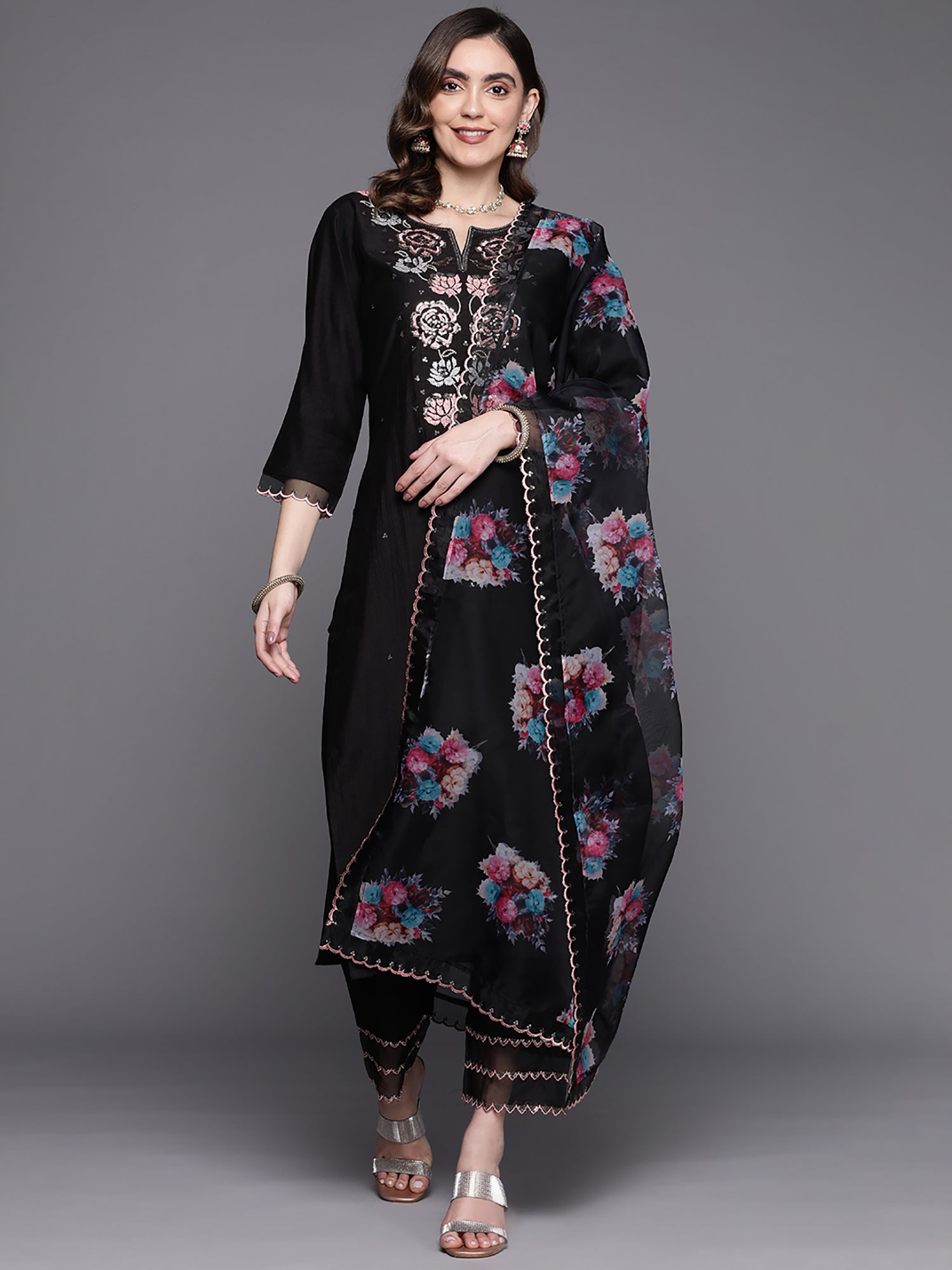 Indo Era Black Embroidered Straight Kurta Trousers With Dupatta Set - Distacart