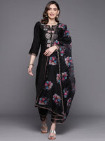 Thumbnail for Indo Era Black Embroidered Straight Kurta Trousers With Dupatta Set - Distacart