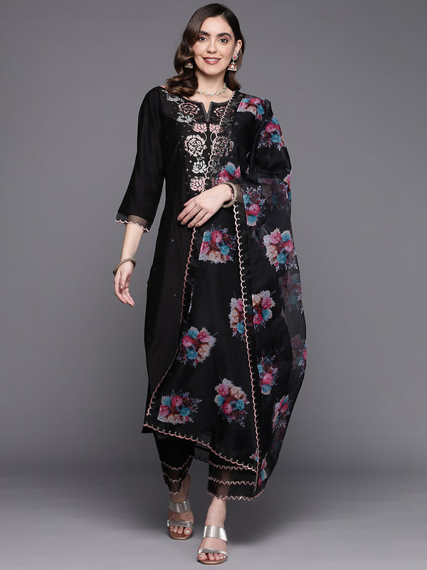 Indo Era Black Embroidered Straight Kurta Trousers With Dupatta Set - Distacart
