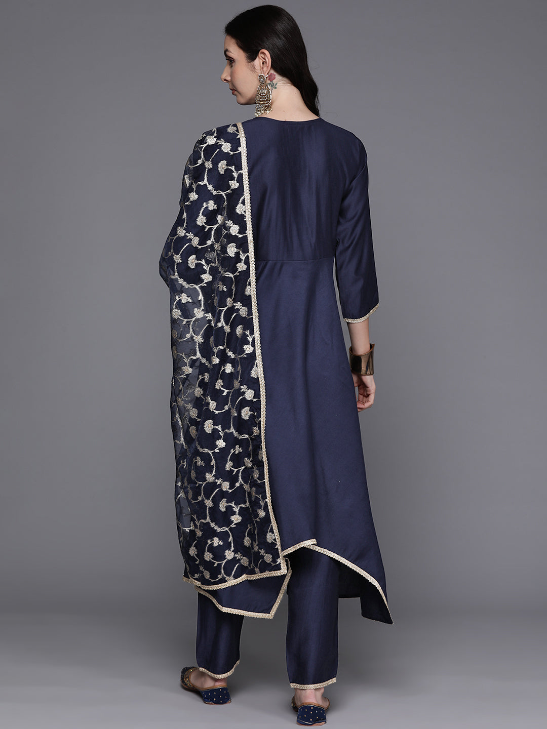 Indo Era Navy Blue Solid A-Line Kurta Trousers With Dupatta Set - Distacart