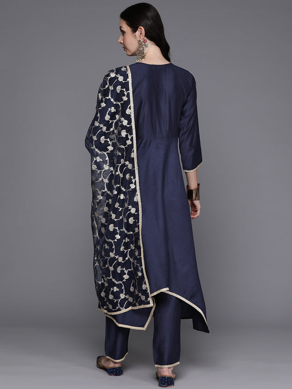 Indo Era Navy Blue Solid A-Line Kurta Trousers With Dupatta Set - Distacart