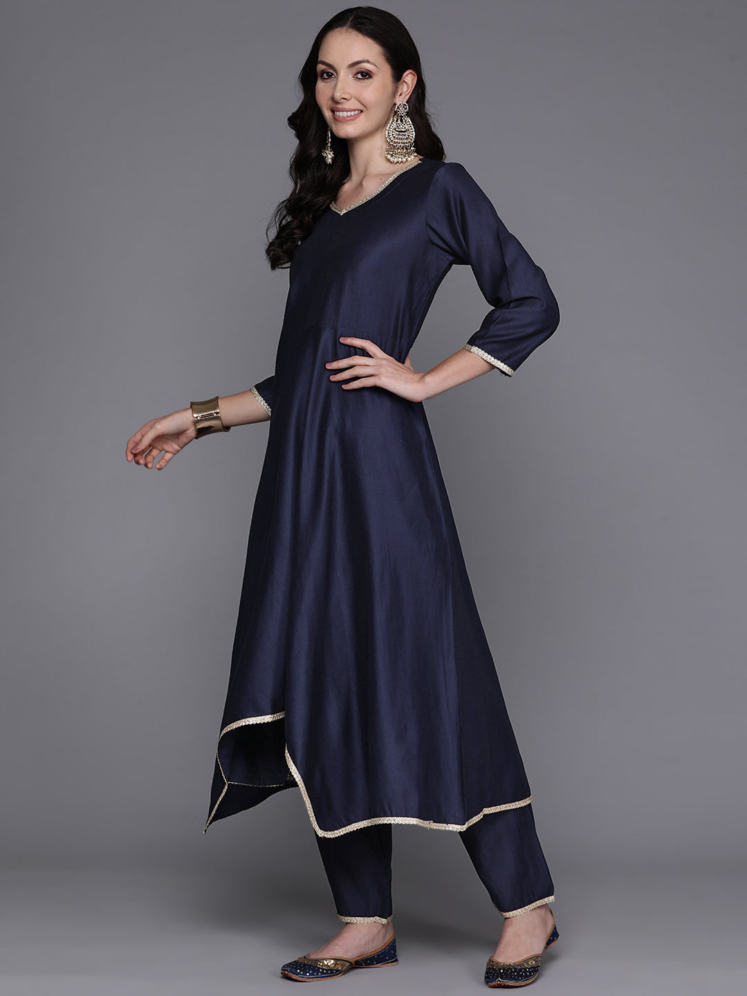 Indo Era Navy Blue Solid A-Line Kurta Trousers With Dupatta Set - Distacart