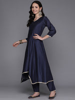 Thumbnail for Indo Era Navy Blue Solid A-Line Kurta Trousers With Dupatta Set - Distacart