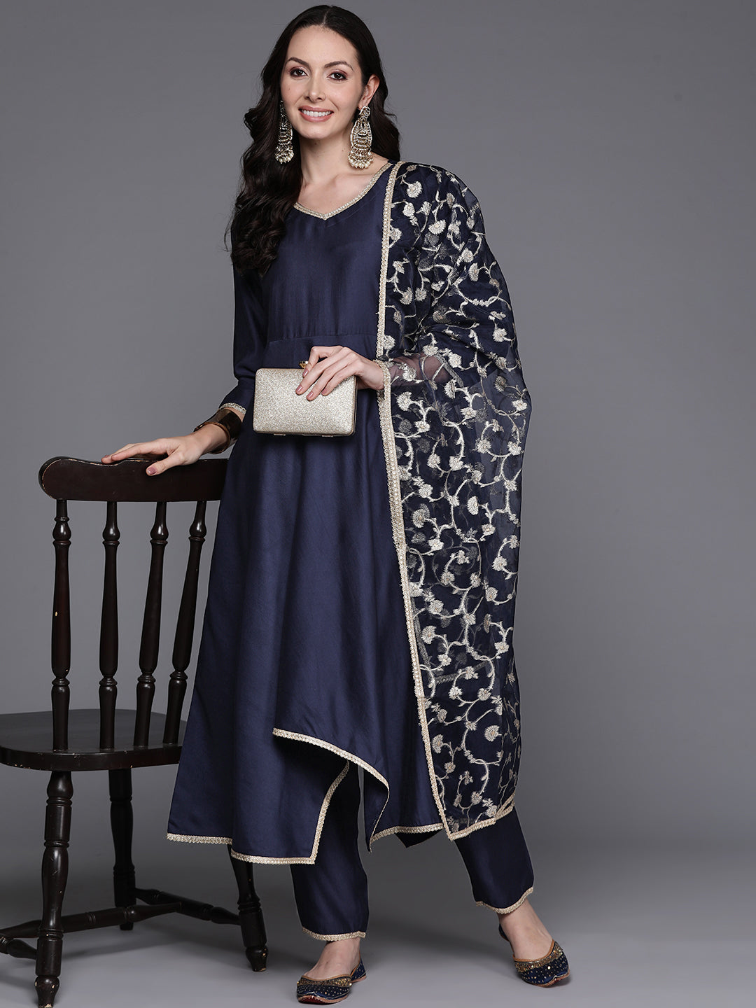 Indo Era Navy Blue Solid A-Line Kurta Trousers With Dupatta Set - Distacart