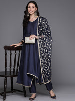 Thumbnail for Indo Era Navy Blue Solid A-Line Kurta Trousers With Dupatta Set - Distacart