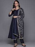 Thumbnail for Indo Era Navy Blue Solid A-Line Kurta Trousers With Dupatta Set - Distacart