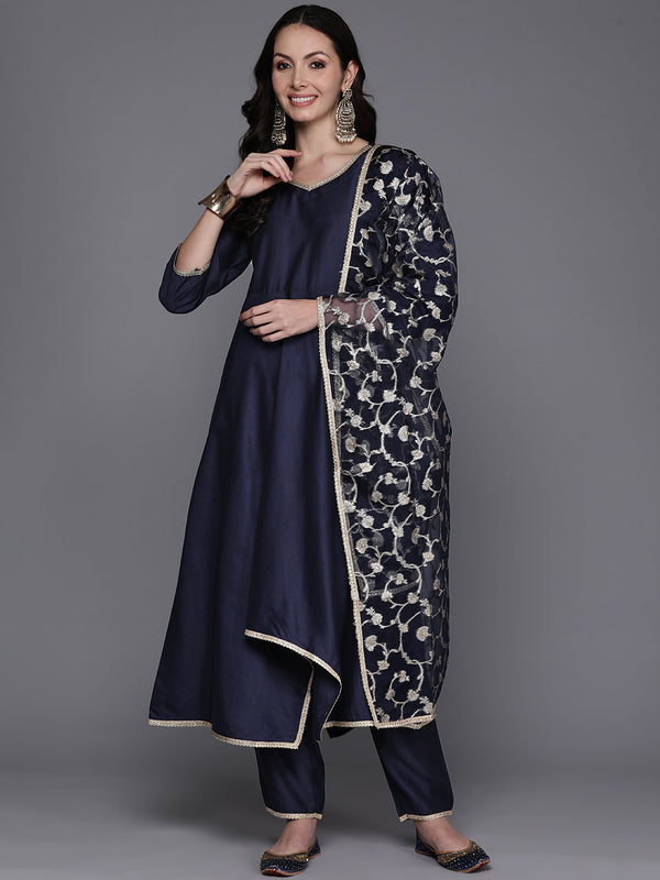 Indo Era Navy Blue Solid A-Line Kurta Trousers With Dupatta Set - Distacart