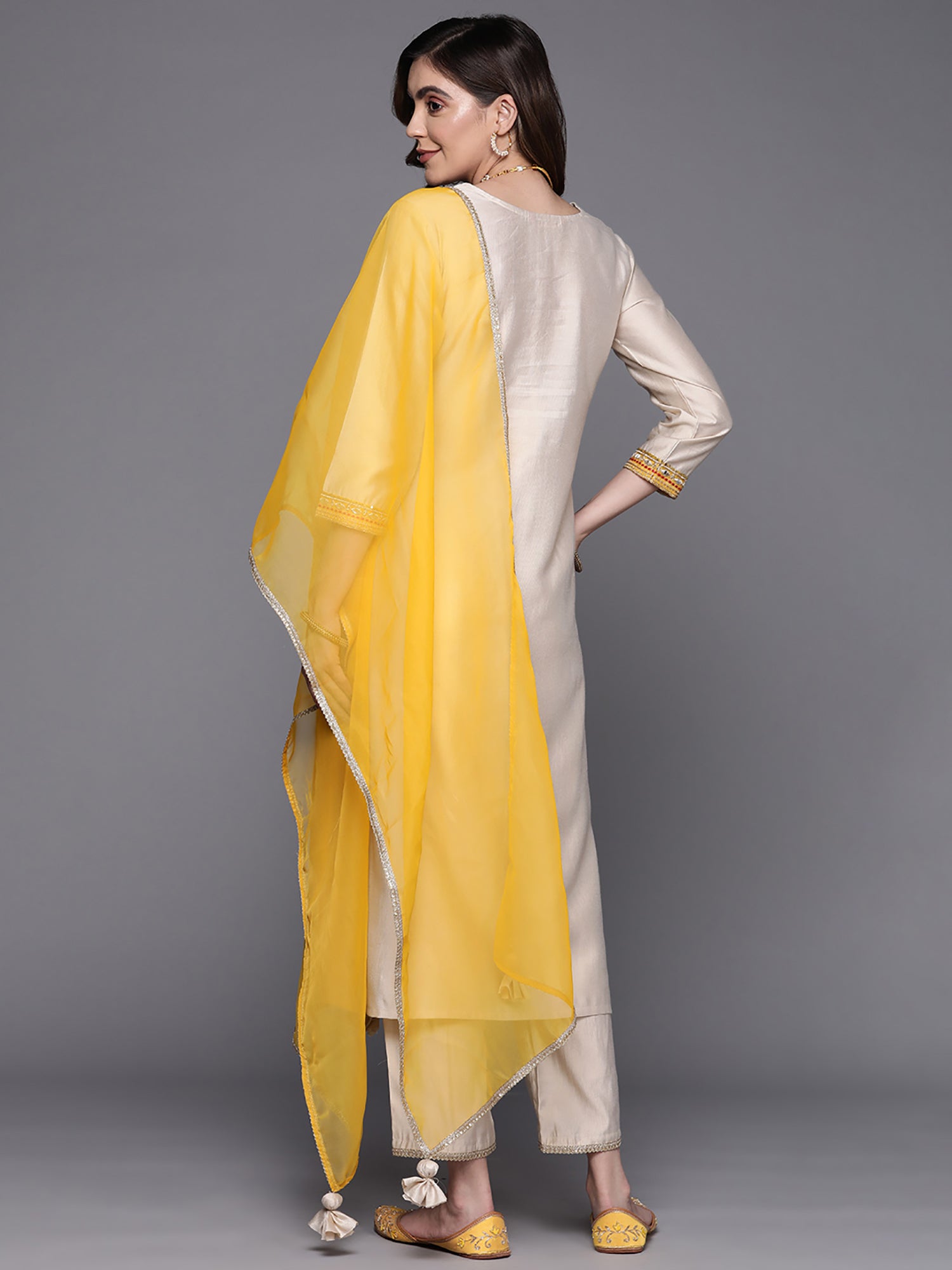 Indo Era Off White Embroidered Straight Kurta Trousers With Dupatta Set - Distacart