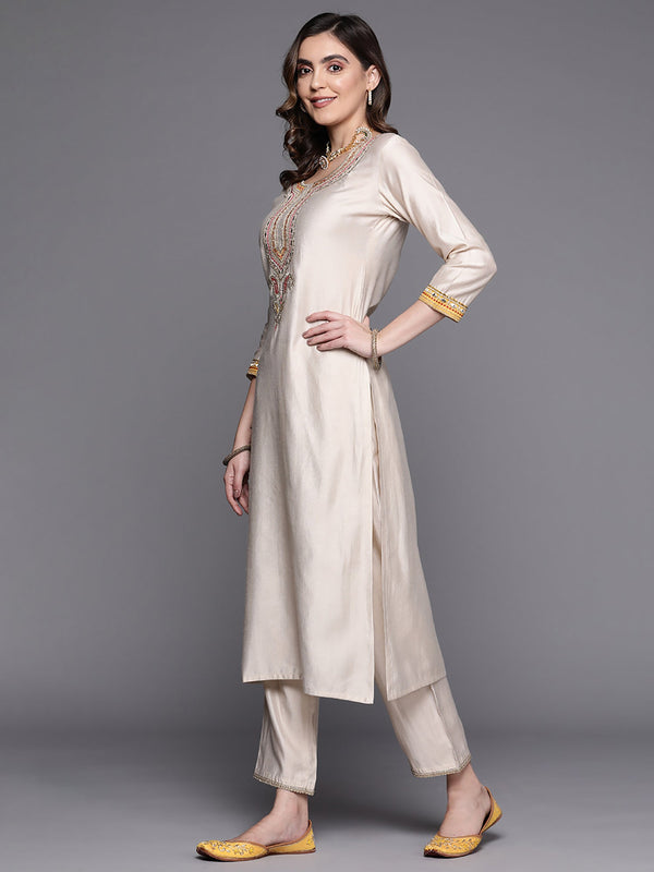Off White Embroidered Straight Kurta Trousers With Dupatta