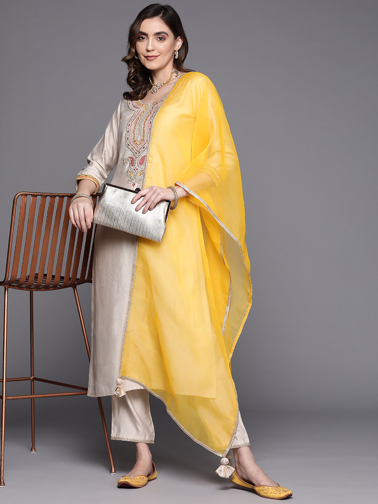 Indo Era Off White Embroidered Straight Kurta Trousers With Dupatta Set - Distacart