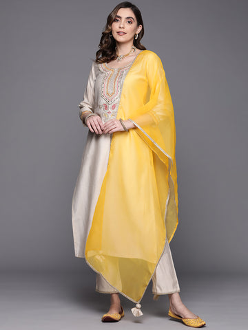 Indo Era Off White Embroidered Straight Kurta Trousers With Dupatta Set - Distacart