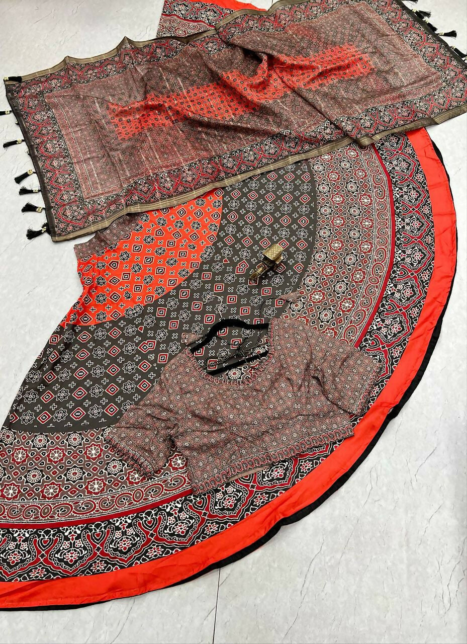 Preksha Creation Indian Navratri Special Cotton Women Lehenga Choli With print work and lucknowi print dupatta - Brown - Distacart