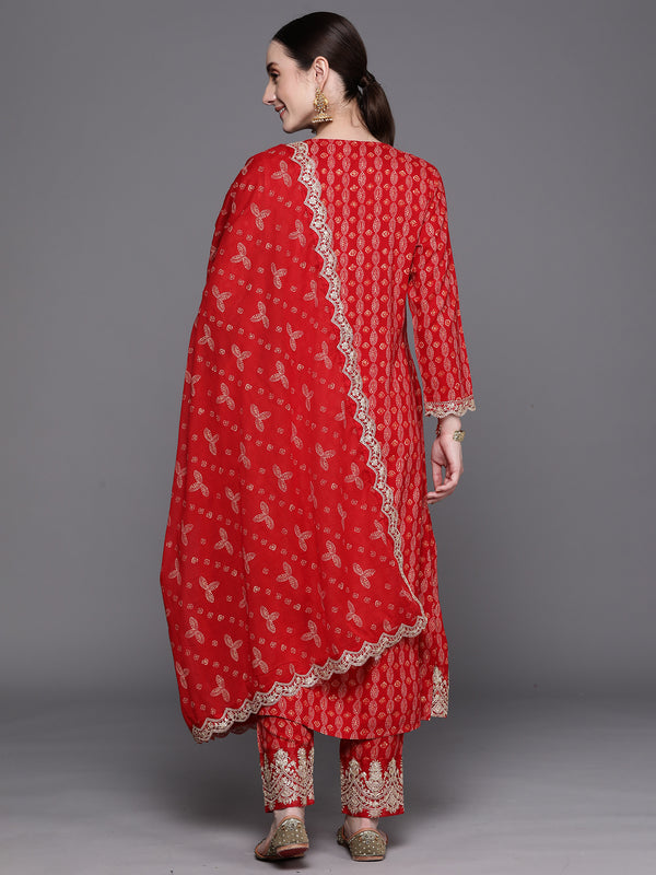Indo Era Red Printed Straight Kurta Trousers With Dupatta Set - Distacart