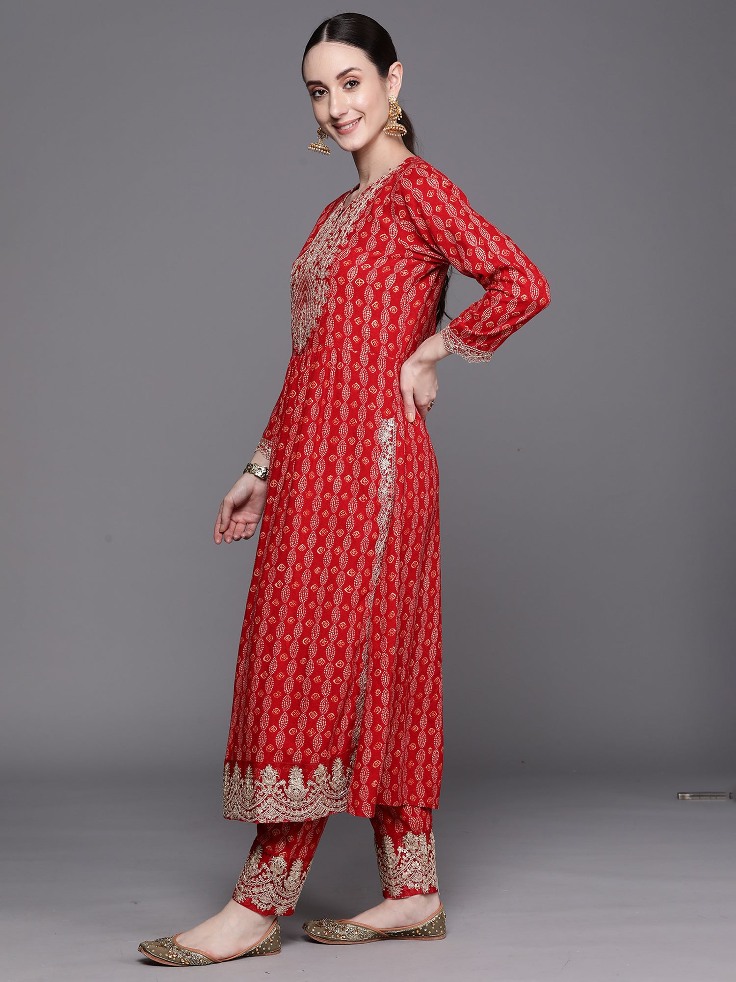 Indo Era Red Printed Straight Kurta Trousers With Dupatta Set - Distacart