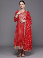 Thumbnail for Indo Era Red Printed Straight Kurta Trousers With Dupatta Set - Distacart