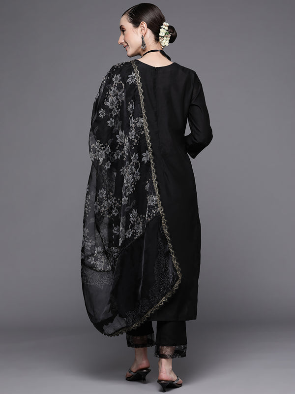 Indo Era Black Embroidered Straight Kurta Trousers With Dupatta Set - Distacart