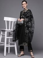 Thumbnail for Indo Era Black Embroidered Straight Kurta Trousers With Dupatta Set - Distacart