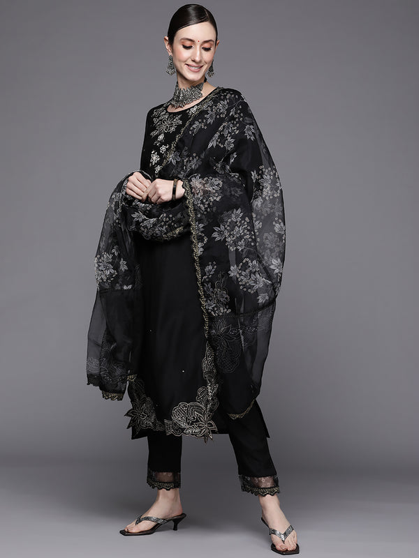 Indo Era Black Embroidered Straight Kurta Trousers With Dupatta Set - Distacart