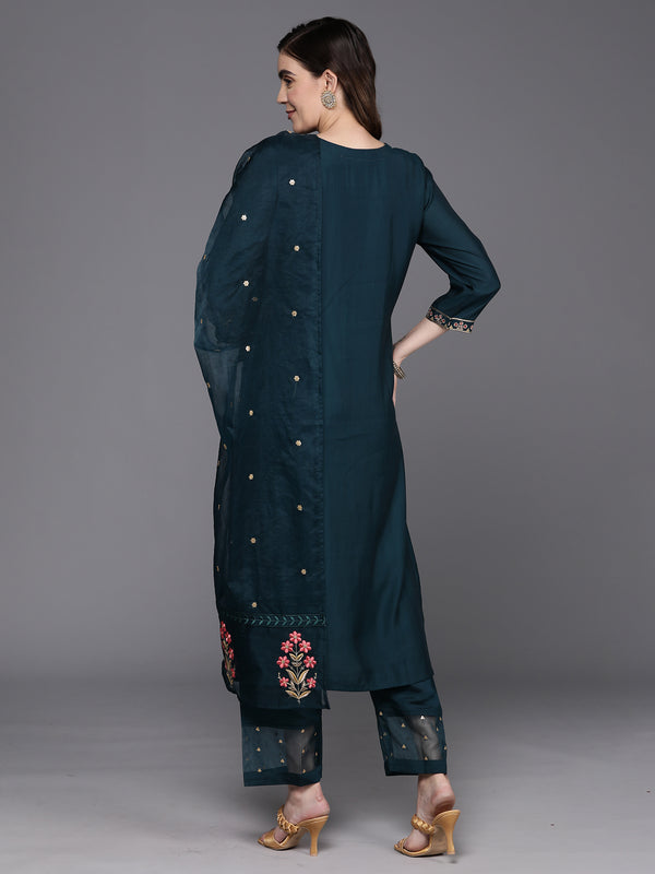 Indo Era Blue Embroidered Straight Kurta Trousers With Dupatta Set - Distacart