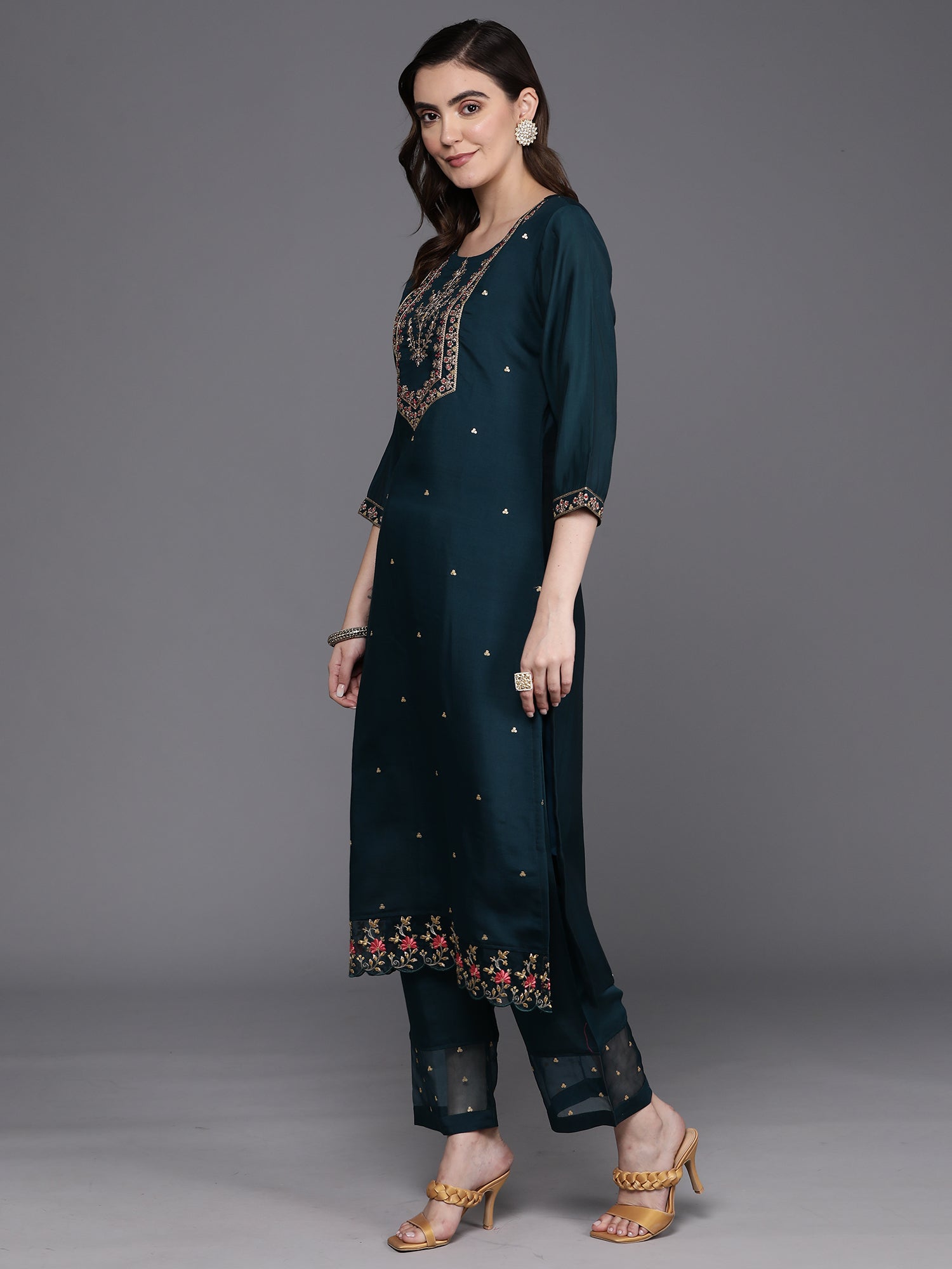 Indo Era Blue Embroidered Straight Kurta Trousers With Dupatta Set - Distacart
