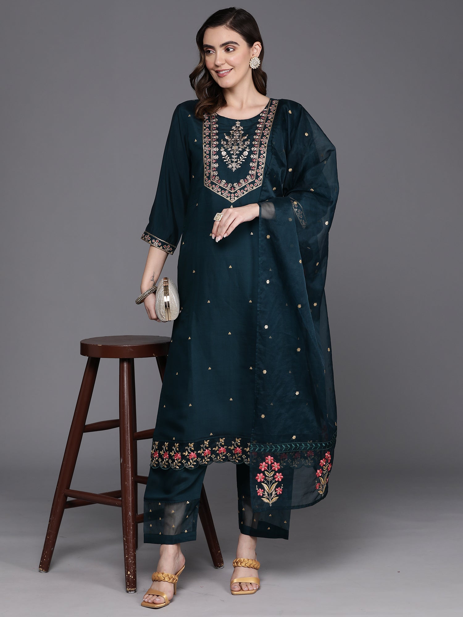 Indo Era Blue Embroidered Straight Kurta Trousers With Dupatta Set - Distacart