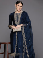 Thumbnail for Indo Era Blue Embroidered Straight Kurta Trousers With Dupatta Set - Distacart