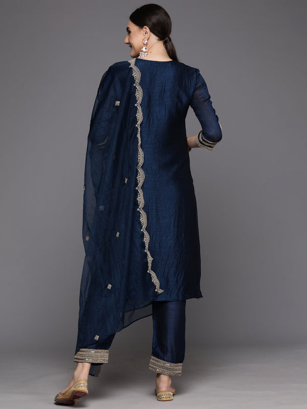 Indo Era Blue Embroidered Straight Kurta Trousers With Dupatta Set - Distacart