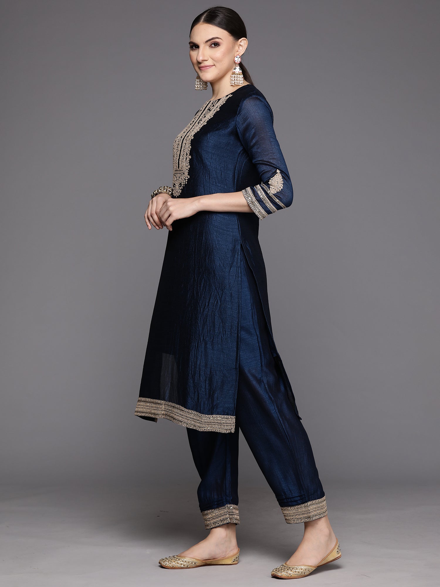 Indo Era Blue Embroidered Straight Kurta Trousers With Dupatta Set - Distacart