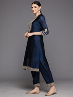 Thumbnail for Indo Era Blue Embroidered Straight Kurta Trousers With Dupatta Set - Distacart