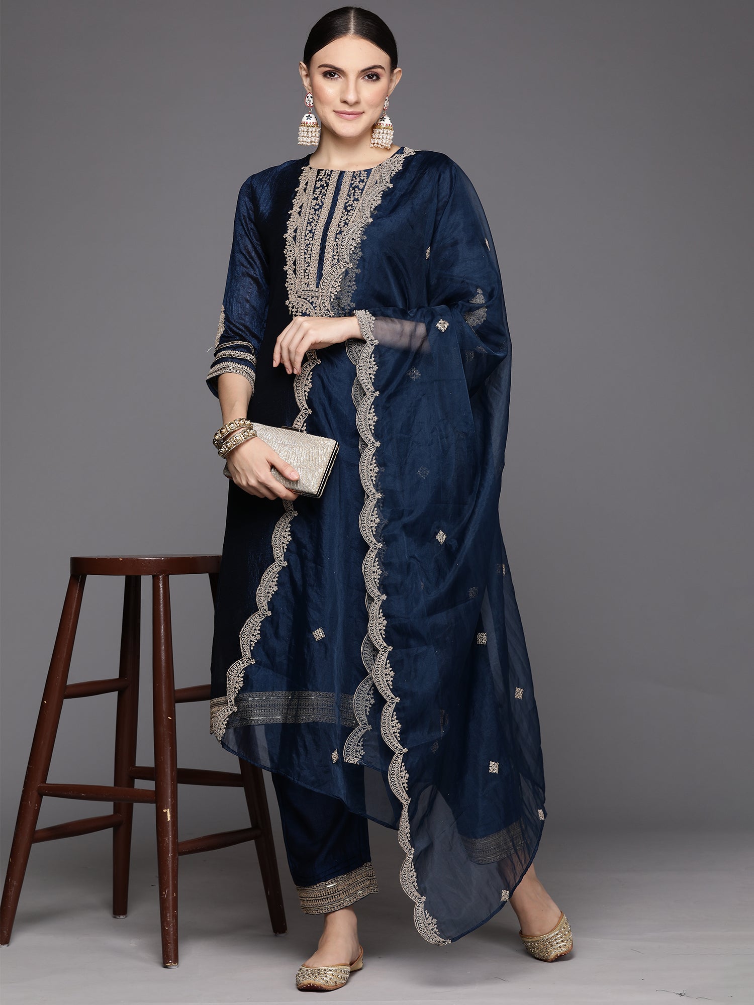 Indo Era Blue Embroidered Straight Kurta Trousers With Dupatta Set - Distacart